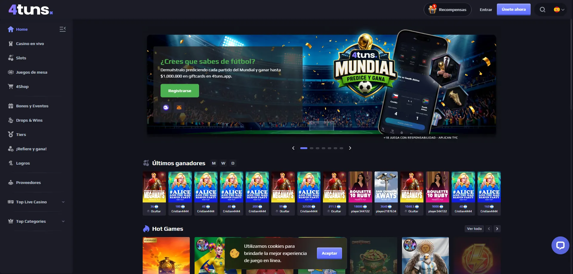 4tuns Casino Chile vista general de la plataforma de juegos